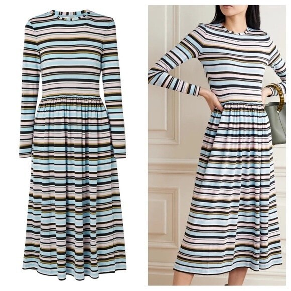 Stine Goya Joel Midi Dress Striped Long Sleeve Pastels Azure Stretch Jersey L - Picture 1 of 5